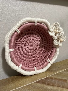 Elegant Pink And White Flower Design Macrame <b>Basket</b> Perfect For <b>Display</b> Fruits Storage And Creative Gifting Use From India - Product Image 2