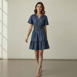 Vestido Corto Elástico de Mezclilla de Algodón Índigo para Mujer con Mangas Cortas, Tejido Ligero y Estilo Moderno - Product Image 3