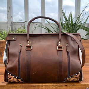 Sac polochon de voyage d'extérieur Design floral en cuir repoussé à la main Fashion Logo personnalisé Sac de week-end en cuir de vachette véritable pour unisexe - Product Image 5