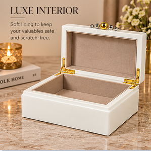 Ivory White Glass Jewelry Storage Box with <b>Gold</b> Sphere Handle Glossy Finish Soft Lining Decorative Keepsake and Vanity Organizer - Product Image 5