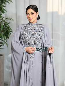 Avais House Women's Gray Modest Abaya High Neck Long Sleeve Floor Length Beaded Embroidered Plus Size Evening Party Wear - Product Image 4