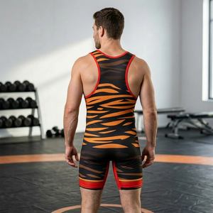 Combinaison de lutte pour homme à rayures tigrées, design de logo personnalisé, évacuation de l'humidité, sublimation, 100% polyester, coupe ajustée - Product Image 2
