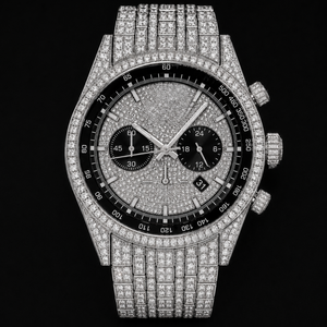 Montre chronographe en argent sertie de cristaux, lunette tachymètre noire, style diamant de luxe, montre de caractère pour homme - Product Image 1