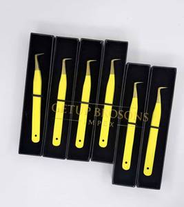 Pince à épiler à pointe fine à 90 degrés, rose/jaune, revêtement poudré, antistatique, durable, pour extensions de cils, pointe en fibre - Product Image 6