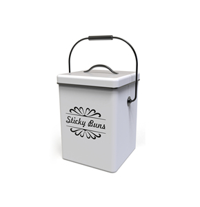 Sticky Buns Storage Canister Rectangle White Metal White with Black Trim Lid Airtight Lid Kitchen Freshness Preservation Vintage - Product Image 1