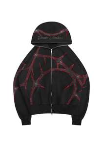 Men's Gothic Hooded Sweatshirt Oversized Zipper Print Red Black <b>Pattern</b> Autumn <b>Knitted</b> Polyester Regular Sleeve - Product Image 6
