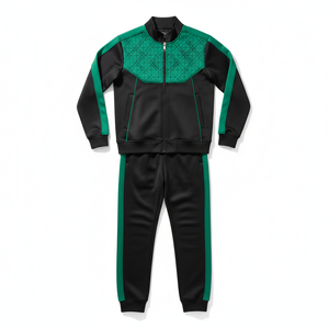 Conjunto de dos piezas de algodón grueso para hombre, chándal de lujo personalizado con bloques de color verde, conjunto deportivo con cremallera de manga larga para correr - Product Image 1