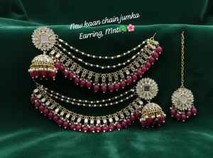 Parure de bijoux ethniques traditionnels plaqués or pour mariée, boucles d'oreilles chandelier, chaîne de perles, Maang Tikka, en alliage, cadeaux - Product Image 2