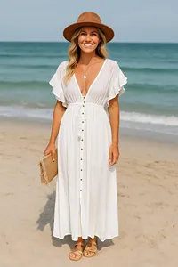 Vestido maxi bohemio blanco para mujer, con escote en V profundo, mangas con volantes, botones en la parte delantera, estilo fluido y largo, ideal para el verano. - Product Image 2