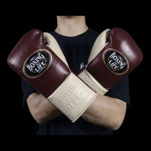 Guantes de Boxeo Personalizados SIN CAJA, SIN VIDA, Color Borgoña/Marrón/Blanco, Cuero Vacuno Genuino, Acolchado Suave de 4 Capas - Product Image 2