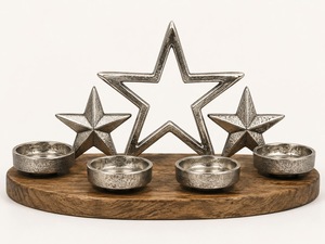 Porte-bougie rond en bois avec 4 coupelles à bougies étoiles argentées, décoration de Noël pour la maison - Product Image 2