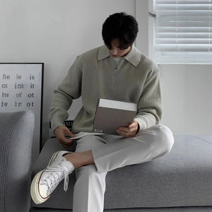 Pull demi-zippé pour homme, style rétro japonais et coréen, ample et décontracté, tendance automne-hiver - Product Image 3