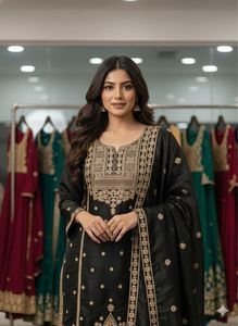Conjunto de Traje Sharara de Seda Negra de Lujo con Bordado Zari Dorado, Estilo Bollywood, para Bodas Indias y Pakistaníes - Product Image 2