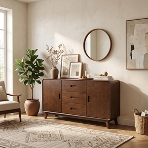 Midcentury Modern Natural <b>Oak</b> Living Room Cabinet 3 Drawer 2 Flat Panel Door <b>Shelf</b>-Free Storage Sideboard Console Furniture - Product Image 4