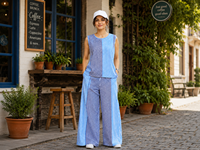 Ensemble deux pièces rayé bleu pour femme, haut sans manches coupe évasée et pantalon large, tenue décontractée pour l'été et le printemps, tissu doux