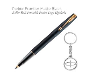 ปากกาโรลเลอร์บอล Parker Frontier สีดำด้าน พร้อมขอบสีทอง และพวงกุญแจสีเงิน หมึกสีน้ำเงิน หัวขนาดกลาง ชุดของขวัญสำหรับมืออาชีพ - Product Image 1