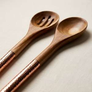 Acacia Wood Salad Server Set with Rose <b>Gold</b> Hammered Copper Handles Eco-Friendly Wooden <b>Serving</b> <b>Spoons</b> and Fork for Home - Product Image 1