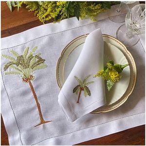 Custom Wholesale Washable Embroidery Palm Tree <b>Placemat</b> & Napkin Set White Linen Hemstitch Mats for Home Wedding Events - Product Image 1