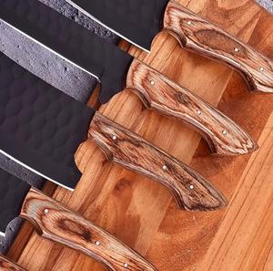 Couteaux de chef personnalisés en 5 pièces avec revêtement en poudre, manche en bois naturel, bord dentelé tranchant, multi-usages, écologiques - Product Image 3