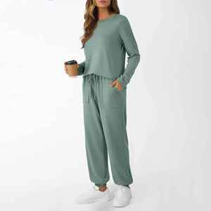 Custom Waffle Knit Sets <b>Women</b> <b>Thermal</b> Zipper Hoodie and Flared Tracksuit <b>Womens</b> 2 Piece Sets - Product Image 3