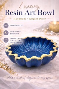Bol en verre et résine bleue fait main – Plat de rangement à bord doré – Décoration artisanale scintillante - Product Image 4
