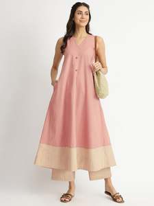 Vestido Midi Rosa con Cuello Henley, Manga Tres Cuartos, Corte Holgado, Algodón y Lino, Ropa Casual para Todas las Temporadas, Color Sólido, Tejido de Tela - Product Image 1