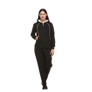 Women's Black Hooded <b>Tracksuit</b> Set Full Sleeve Zipper Front Solid Color Casual Wear with Side Pockets Autumn Season - Product Image 1