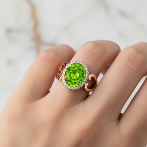 18k Solid Gold Oval Shape Natural Green Peridot Gemstone and Genuine Diamond Halo Solitaire <b>Rings</b> Luxurious <b>Dainty</b> Jewelry Bulk - Product Image 2