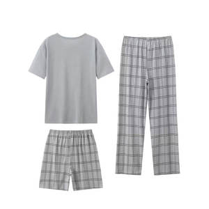 Conjunto de Pijama de Verano para Hombre de 3 Piezas, Camiseta de Manga Corta, Pantalones Cortos y Largos con Estampado a Cuadros y Cuello Redondo - Product Image 1