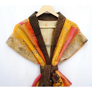 Robe Kimono Femme Patchwork Col V Manches Courtes Coton Vintage Kantha Décontractée Printemps Douce Imprimée à la Main Longueur Intégrale - Product Image 3