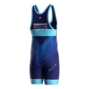 Wrestling Singlet Men One-Piece Fitted Spandex Polyester Stretch Martial Arts Wear <b>Blue</b> Sublimation Print Front Logo - Product Image 3