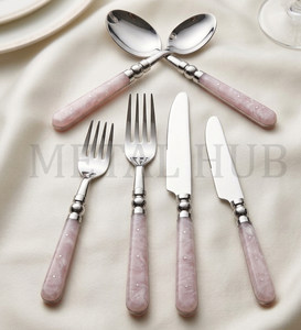 Ensemble de couverts en quartz rose, acier inoxydable, manche en résine, ensemble de 6 couverts, finition argentée brillante, vaisselle de luxe pour table à manger - Product Image 3