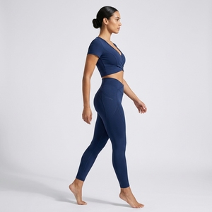 Womens Navy Blue <b>Wrap</b> Front Yoga Set Short Sleeve Crop Top High Waist Leggings Fitness Gym Workout Activewear Two Piece - Product Image 2