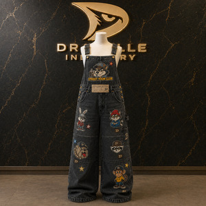 Charcoal Washed Cotton Denim Overalls Regular Fit Retro <b>90s</b> Skate Unisex Summer Casual High Waist Customizable 280g Grey - Product Image 1