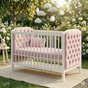 Lit bébé sculpté en acajou, mobilier de chambre d'enfant fait main d'Indonésie, rose AQ211 - Product Image 1