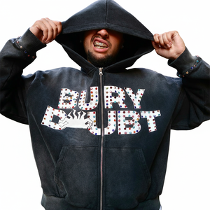 Sudadera con capucha de alta calidad al por mayor, OEM, con logo personalizado impreso y con pedrería, para hombre, de color sólido, con cremallera, en dos colores, cómoda. - Product Image 1