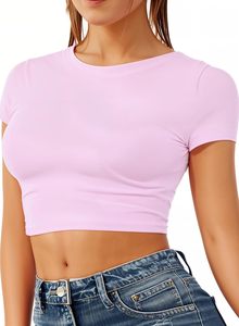 T-shirt court personnalisé à col rond en coton et élasthanne tricoté respirant pour femme avec imprimé - Product Image 4
