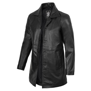 Manteau long en cuir véritable noir pour homme, col rabattu, simple boutonnage, vêtement d'hiver formel - Product Image 1