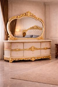 Juego de muebles de dormitorio de lujo estilo Maharaja a medida, cama tamaño King con acabado dorado y tocador, juego de dormitorio de madera de teca. - Product Image 3