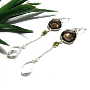 Natural Smoky Quartz <b>Crystal</b> Quartz Peridot Dangle Earring 925 Sterling Silver Handmade Gemstone Designer Drop Earring Unisex - Product Image 5