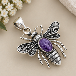 Pendentif en argent Charoite, Pendentif abeille en Charoite, Pendentif pierre précieuse violette, Pendentif insecte en argent sterling 925 - Product Image 3