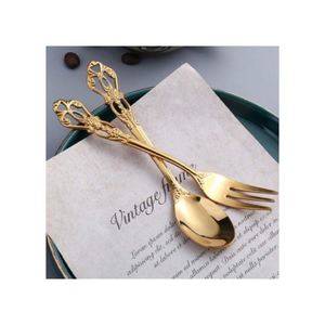 Ensemble de 2 cuillères et fourchettes élégantes pour la cuisine, en acier inoxydable, design feuille, pour servir les salades, au prix le plus bas - Product Image 2