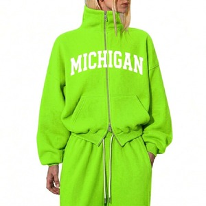 Chaqueta Corta con Cierre para Mujer, Color Verde Oliva, Sudadera de Cuello Alto, Corte Holgado, Conjunto Deportivo de Dos Piezas, Estilo Urbano - Product Image 6