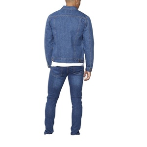 High Quality Custom Brand Casual Slim Long Sleeve Stand Collar Front Logo Jean Biker Classic Style Vintage Blue Denim Jacket <b>Men</b> - Product Image 1