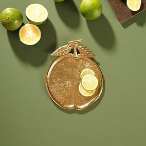 Plateau décoratif en métal finition or pour fruits d'agrumes, plateau de service en forme de tranche d'orange avec poignée en forme de feuille, design rond pour fruits, pour table - Product Image 1