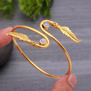 Double Feather <b>Moonstone</b> Cuff Bangle-Platinum Rhodium Plated Adjustable Wrap <b>Bracelet</b>-Bohemian Leaf Design Jewelry Gift - Product Image 1