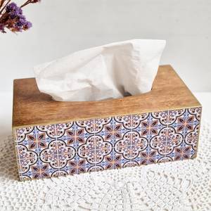 Handcrafted Tissue Box <b>Cover</b> with Blue <b>Tiles</b>, Rectangular Wooden Tissue Box Holder, Napkin Holder, Decorative Box for Napkins - Product Image 1