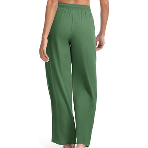 Pantalon large taille haute pour femme, vert uni, en coton tricoté et élasthanne, avec cordon de serrage, décontracté, ample, longueur totale, respirant, pour l'été - Product Image 3