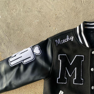 Custom Embroidered PU <b>Leather</b> Look Streetwear Varsity <b>Jacket</b> <b>Men</b> Black Quilted Patch Winter Outerwear OEM Service - Product Image 6