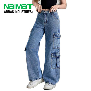 Women High Waist Blue Cargo Denim Jeans Wide Leg Multi Pocket Cotton Utility Work Casual Streetwear Denim Pants - Product Image 1